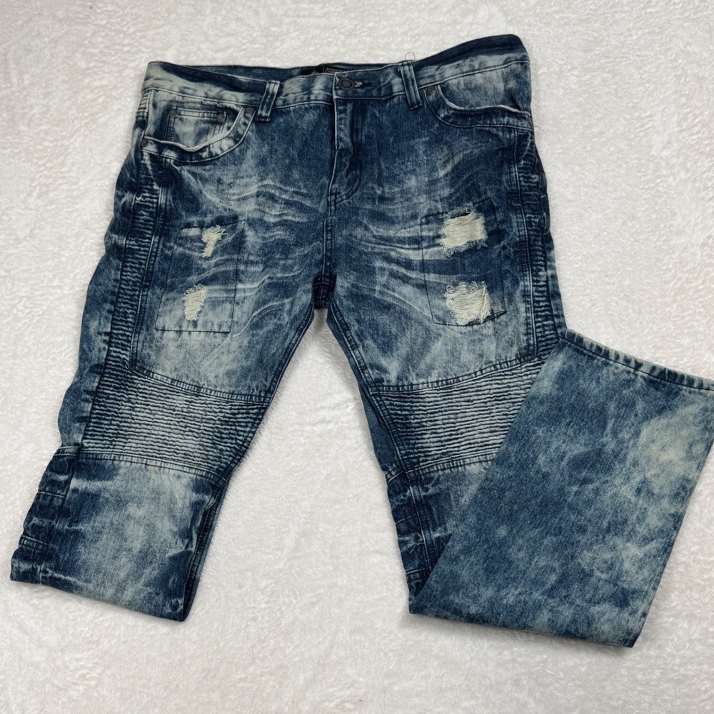 Road Narrows Mens Acid Wash Moto Biker Jeans‎ Distressed Blue Denim Size 38